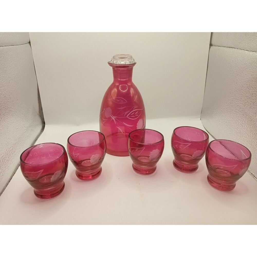 MCM Vintage Etched Cranberry Glass DECANTER With 5 Cordial Shot Glasses Red